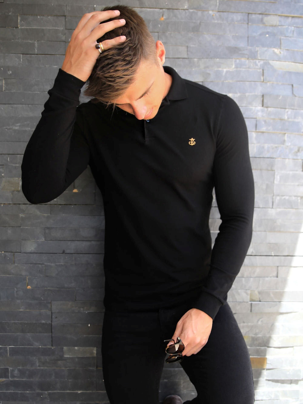 Blakely Harrow Long-Sleeve Polo Shirt Mustat | 9172836-GP