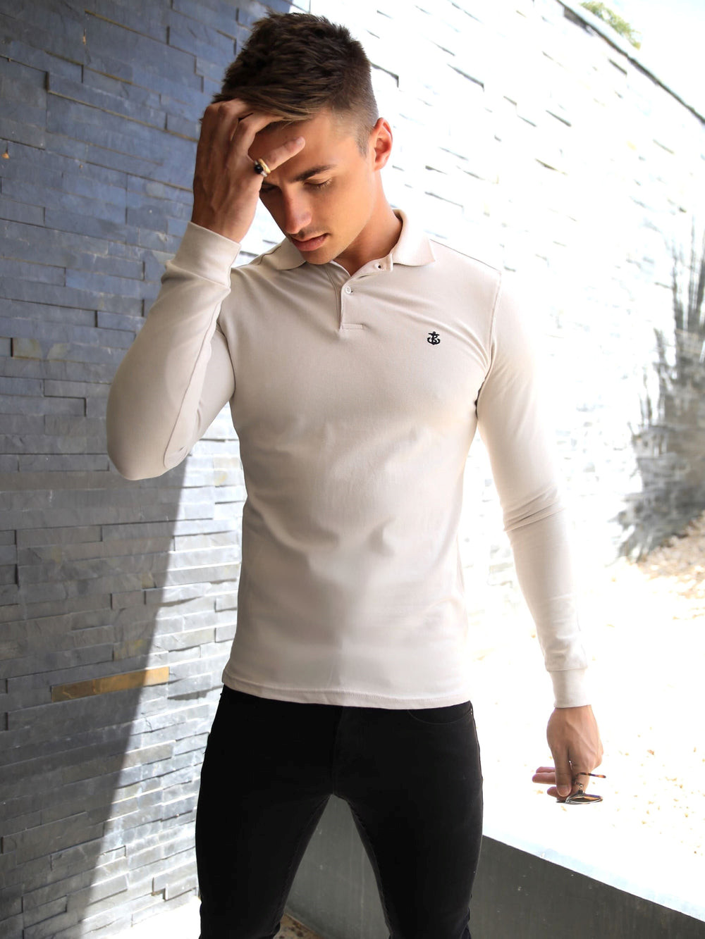 Blakely Harrow Long-Sleeve Polo Shirt Stone | 3026948-LX